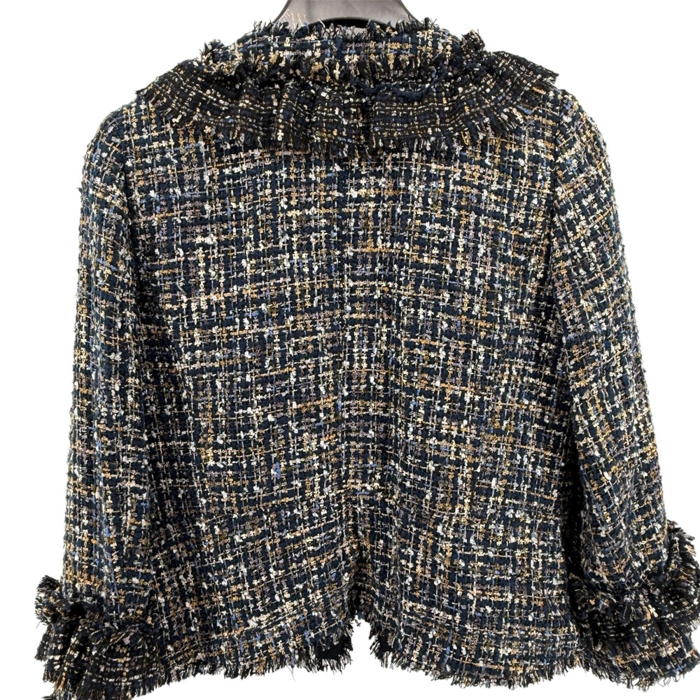 Ann Taylor Tweed Jacket Womens 10 Pre-Opened Blazer Navy Ruffle Fringe Trim Open - Picture 12 of 13